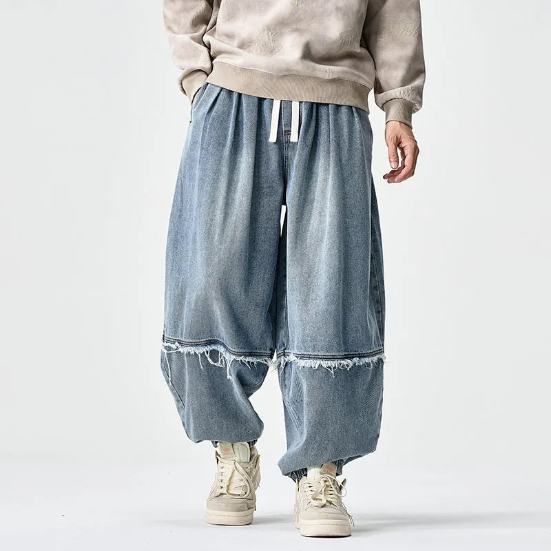 Large size Japanese Hong Kong style retro loose harem bloomers in cotton denim, low waist drawstring, black colour