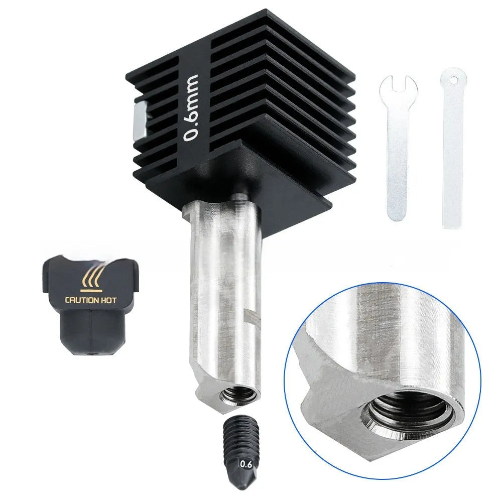Bambu Lab A1 Mini 3D printer hot end assembly with hardened steel nozzle and black silicone sleeve