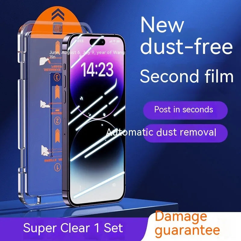 Dust-free warehouse tempered glass screen protector for iPhone showing HD and peep-proof privacy options