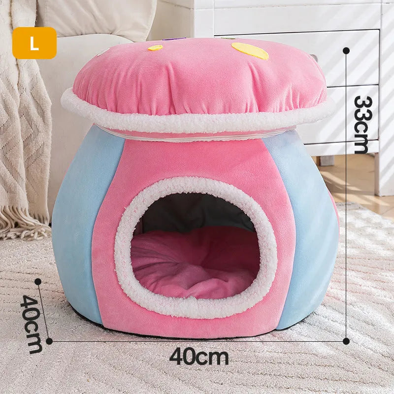 Grey mushroom-shaped plush cat bed nest for small pets on a white background.