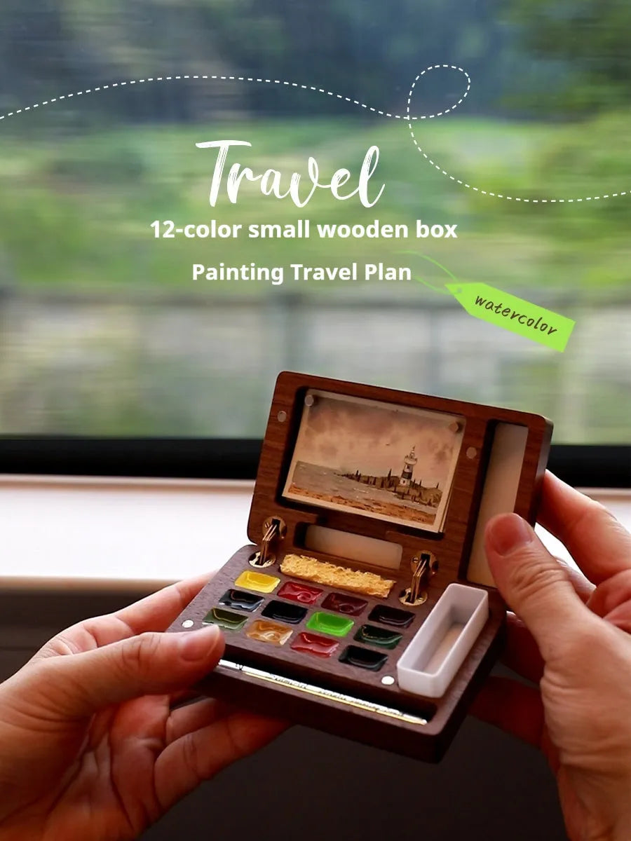 Mini walnut wood watercolour paint box with portable pigment suit storage case