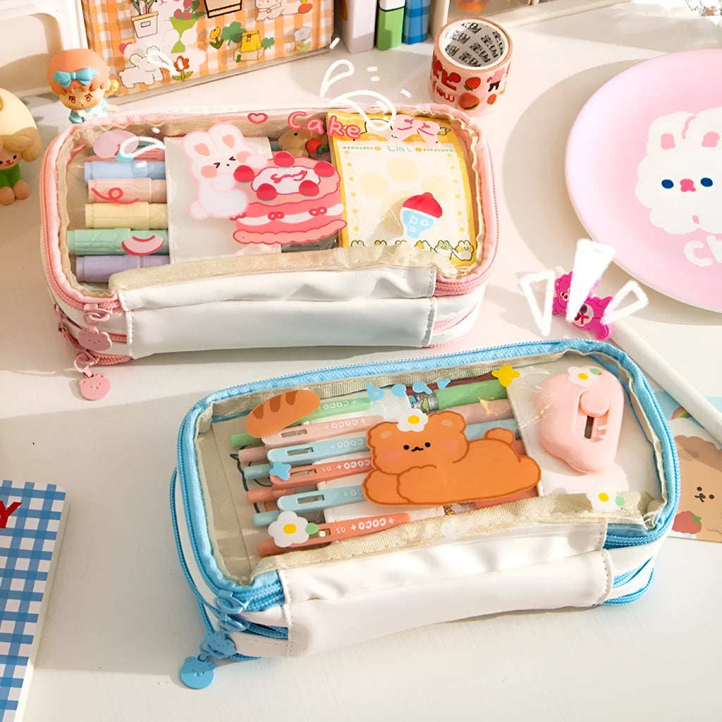 Japanese transparent heart-shaped pen bag with rabbit pattern in TPU material