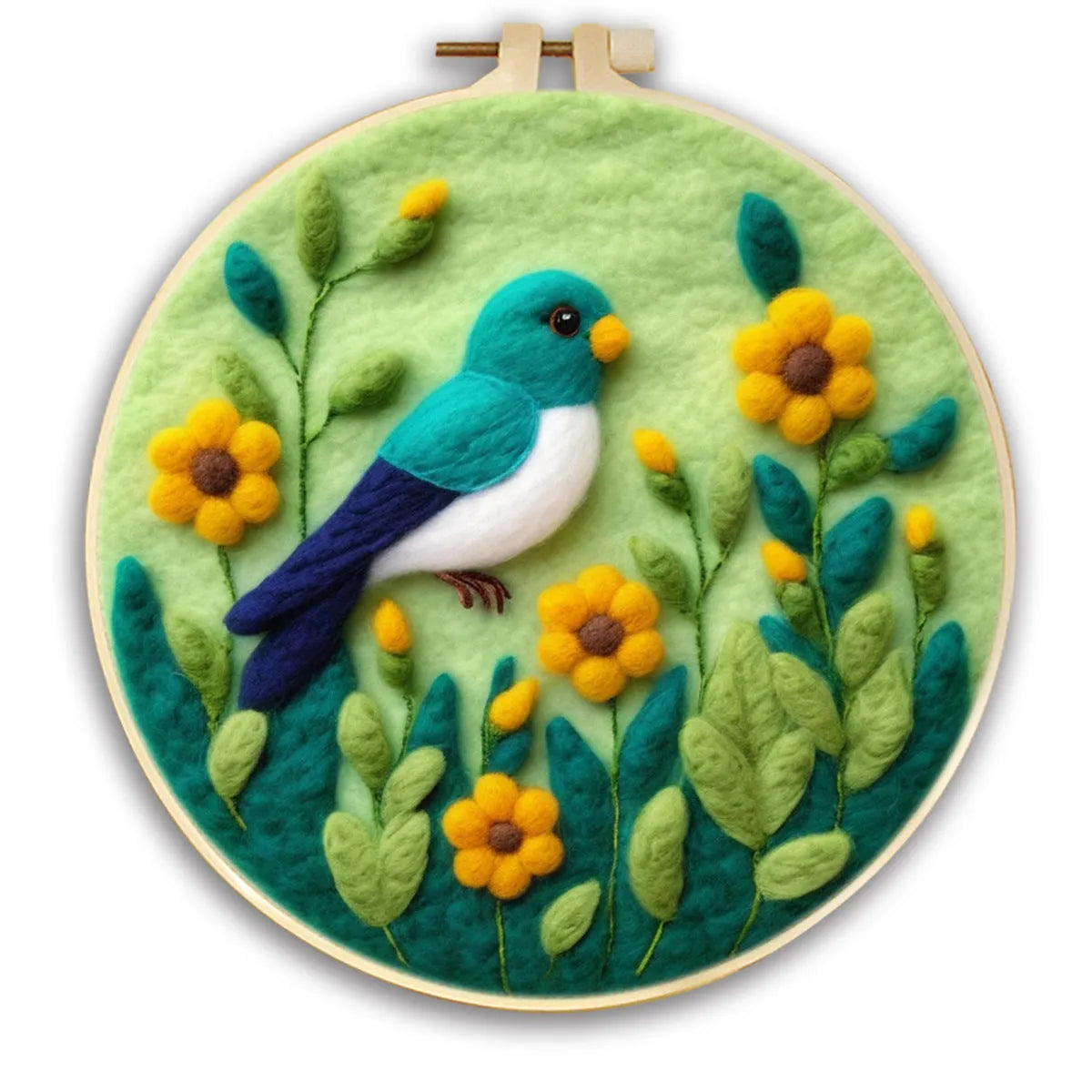Round 20x20 cm linen embroidery kit with wool felt pieces for floral design and included embroidery frame.