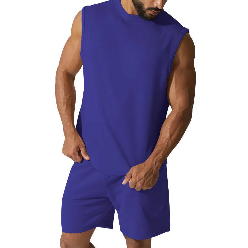 Men's sleeveless cotton blend sports top and matching shorts casual set in army green.