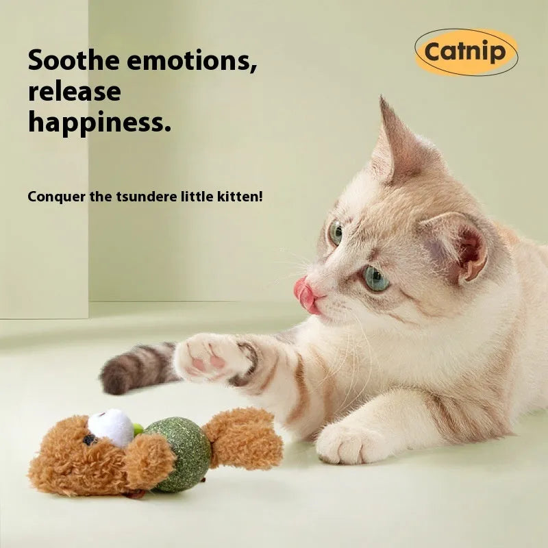 Plush catnip toy shaped like an animal with a bell, shown next to a 4cm mint ball for scale.