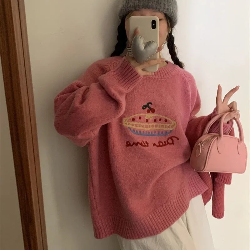 Women's round neck embroidered sweater in loose fit, available in seven colours including beige, gray, red, green, black, and rose red.