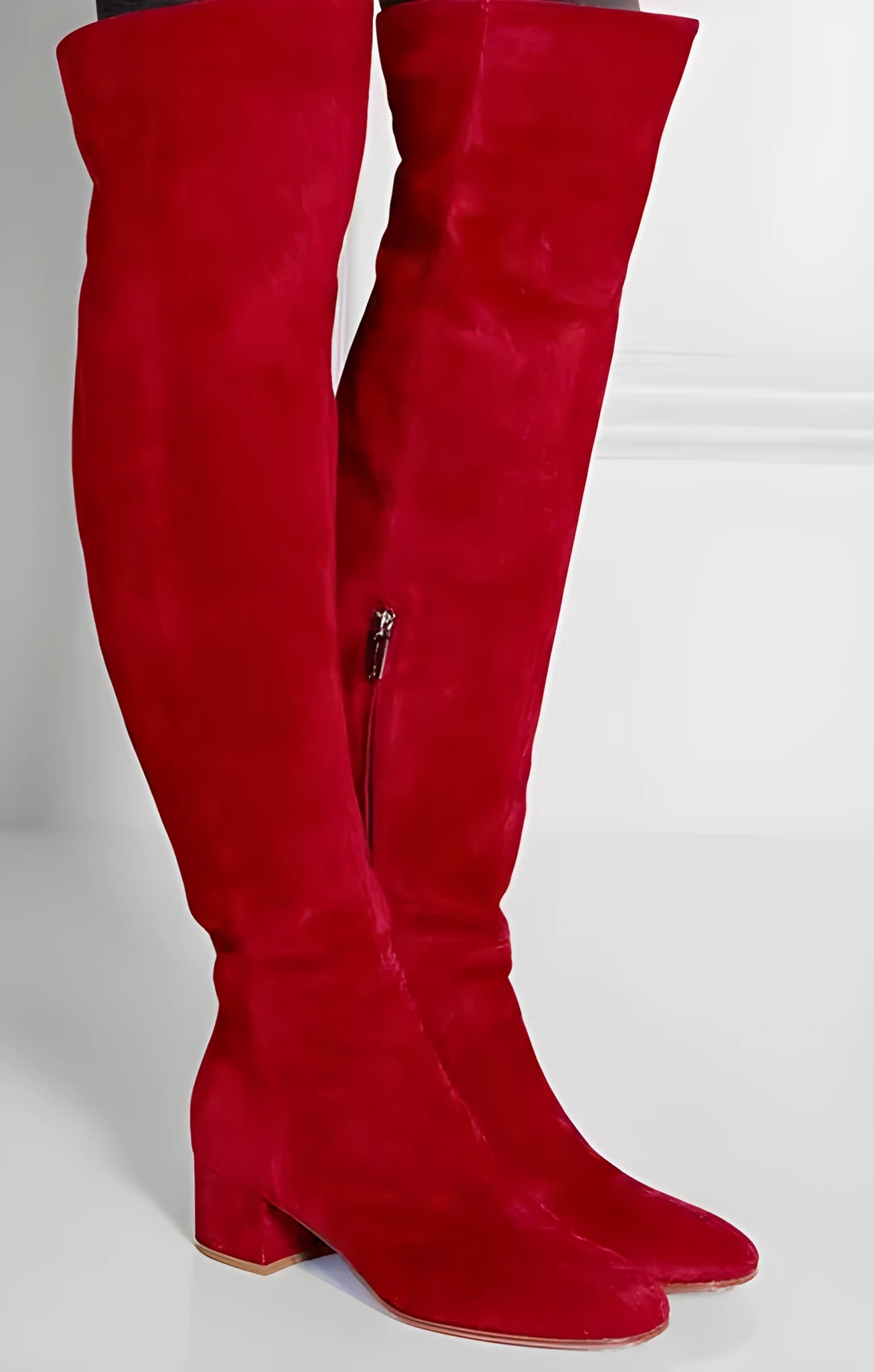 Grey suede women's flat over-the-knee boots with pointed toe and low thick heel.
