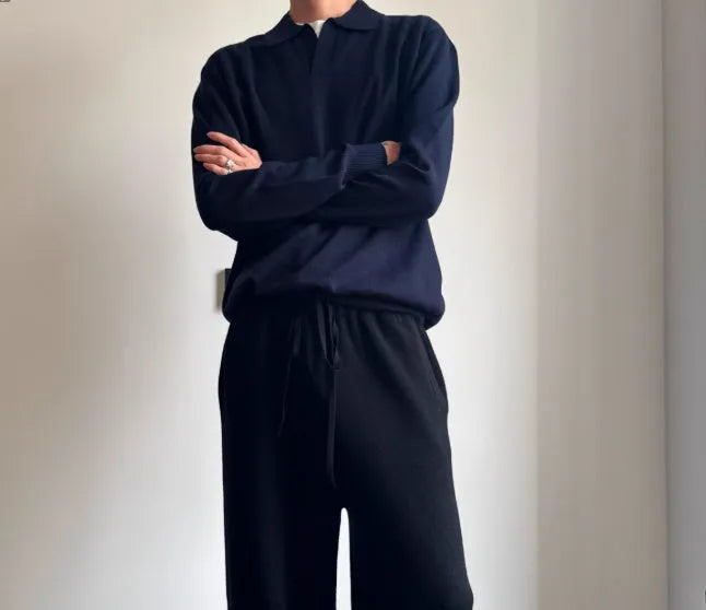 Pure wool lapel collar polo sweater in loose fit pullover style, available in Milky White or Navy Blue