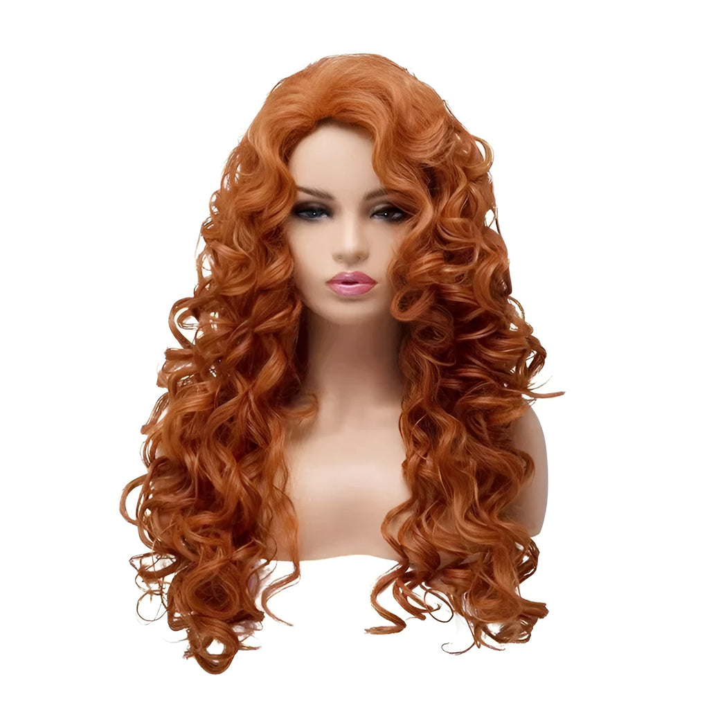 Brown long wavy curly cosplay wig with fluffy texture on display head