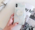 Retro flower marble pattern silicone iPhone case with telescopic bracket in white