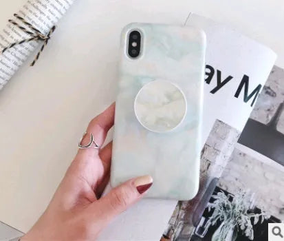 Retro flower marble pattern silicone iPhone case with telescopic bracket in white