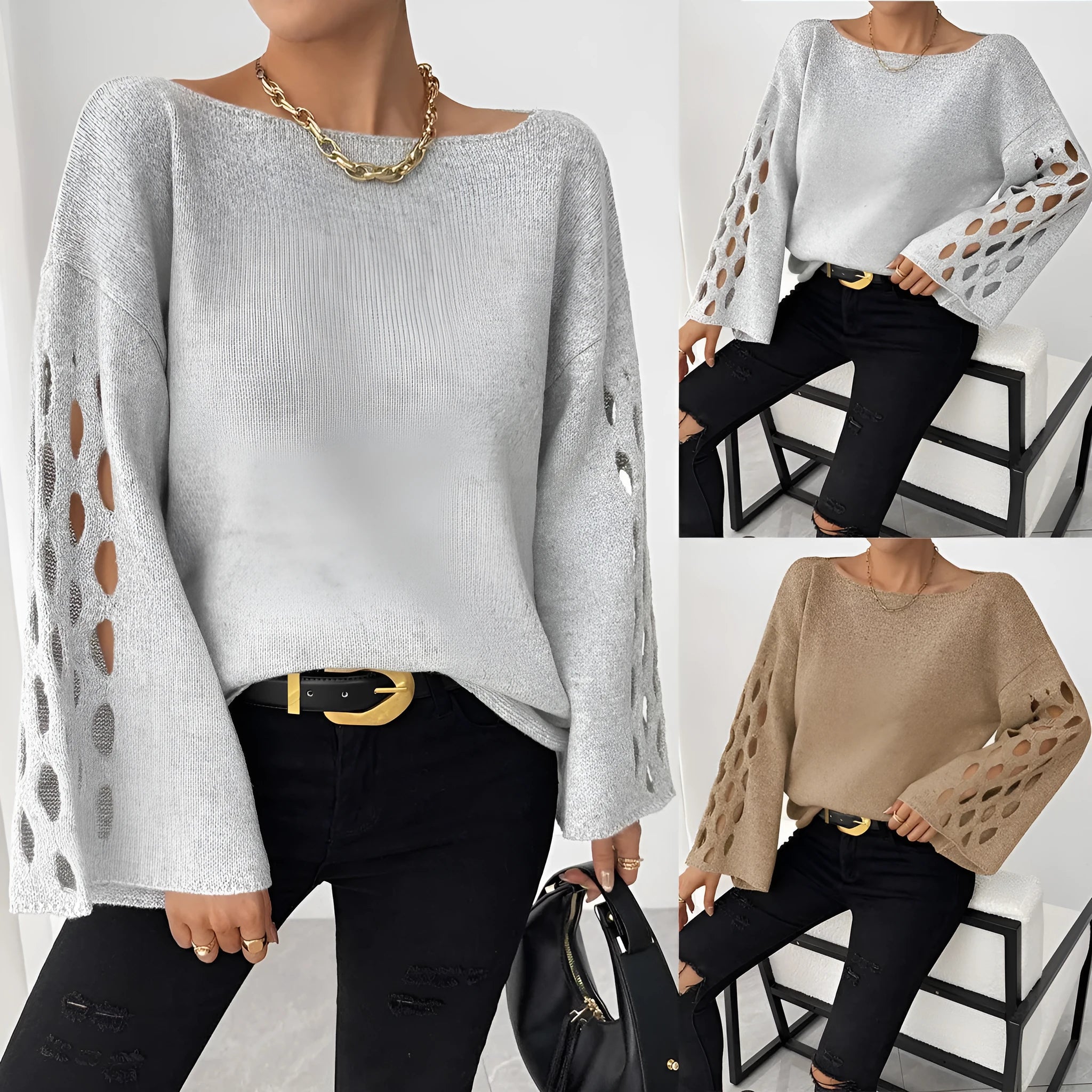 Women's solid colour hollow-out long sleeve round neck pullover sweater in gray, plus size