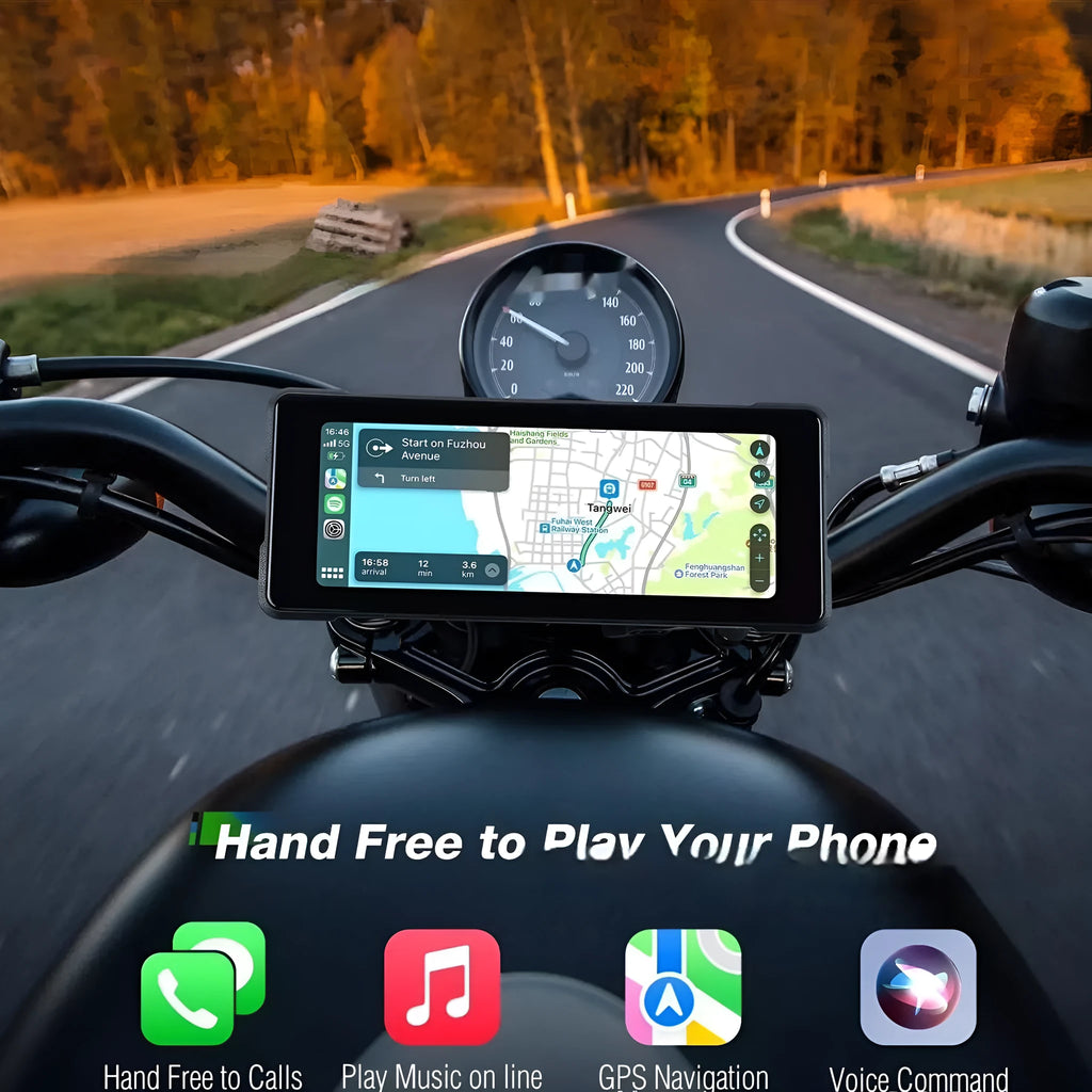 6.86-inch motorcycle driving recorder with IP68 waterproof shell, high brightness IPS touch screen, and dual recording cameras mounted on handlebars