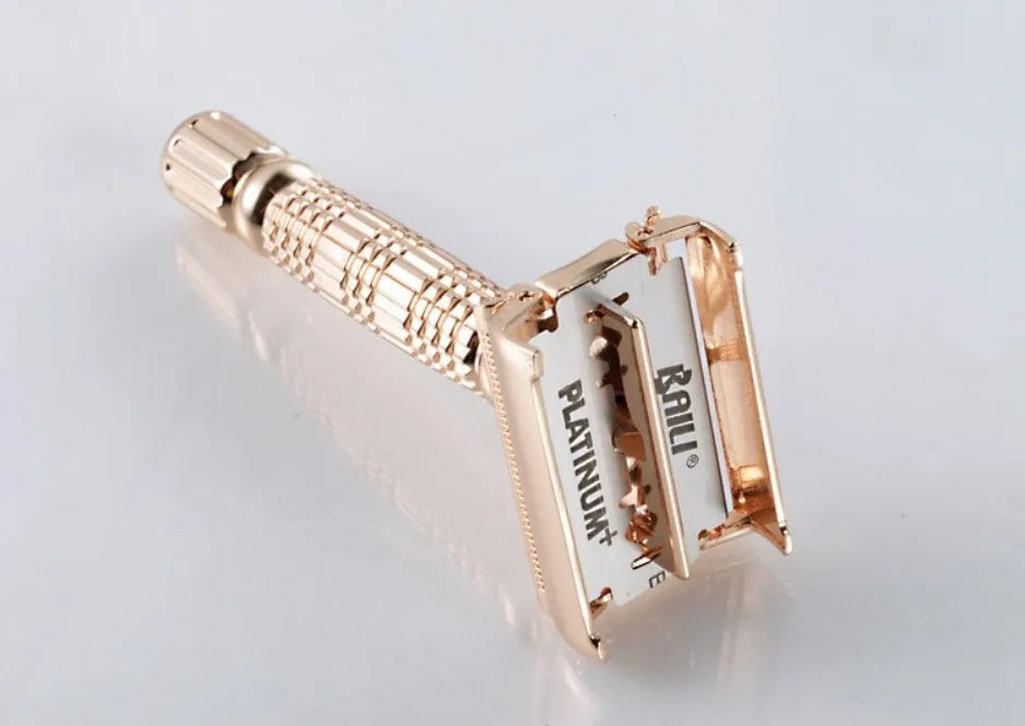 Rose gold chrome plated double edge safety razor with butterfly head in travel storage box with mirror