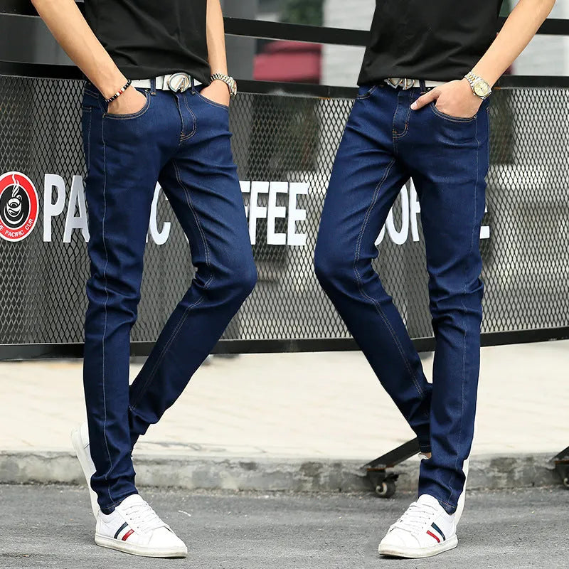 Stretch men's cotton jeans in blue, front view, showing five-pocket design and zip fly