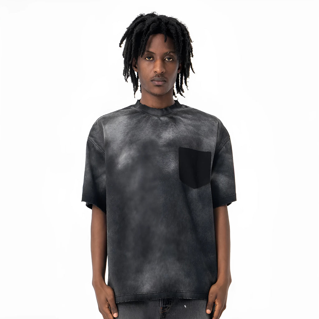 Black men's cotton t-shirt with drop-shoulder sleeves and printed letter pattern