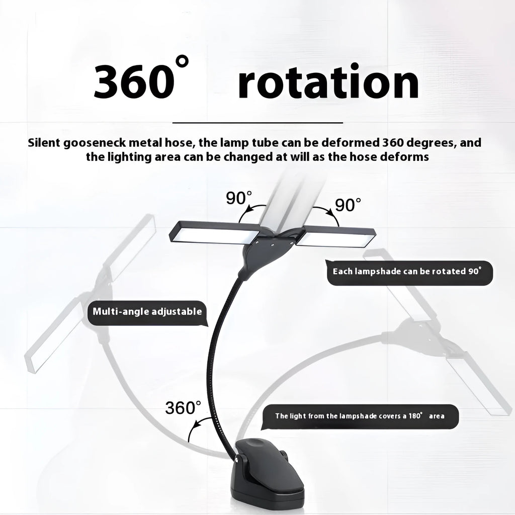 Black rechargeable music stand light with 28 LEDs clipped to metal music stand illuminating sheet music