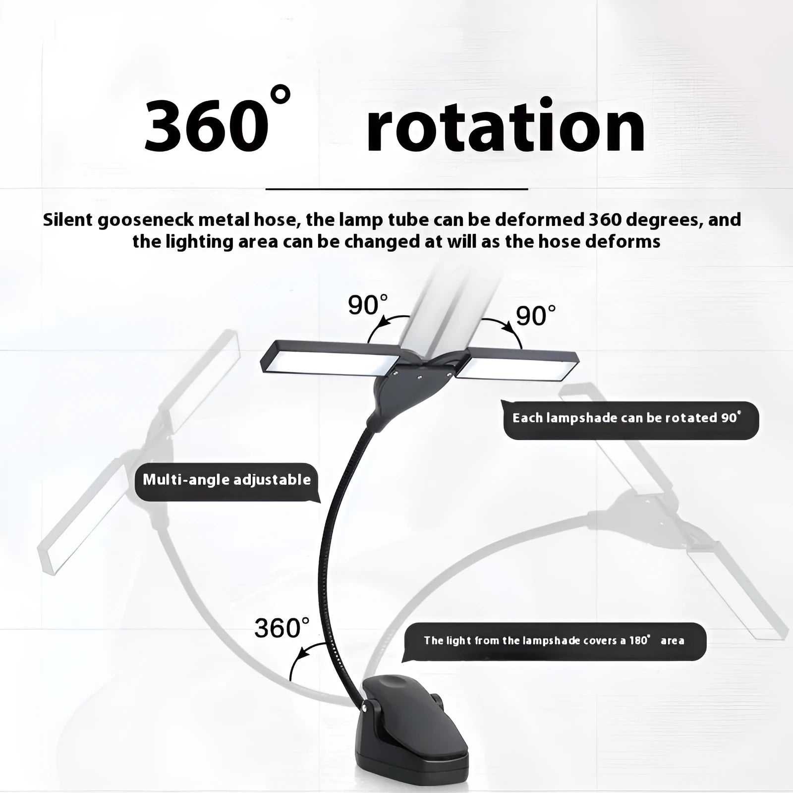 Black rechargeable music stand light with 28 LEDs clipped to metal music stand illuminating sheet music