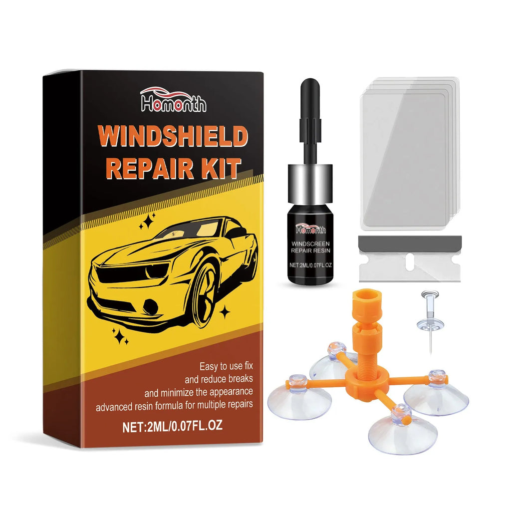 Windshield repair suit with 2ml fluid bottle, bracket, blade, five curing films, and teasing needle on a white background