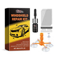 Windshield repair suit with 2ml fluid bottle, bracket, blade, five curing films, and teasing needle on a white background