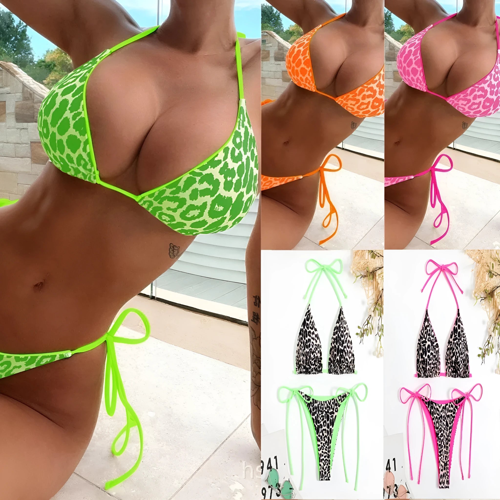 Women's triangle bikini set with lace-up front detail, shown in one of twelve available colour styles