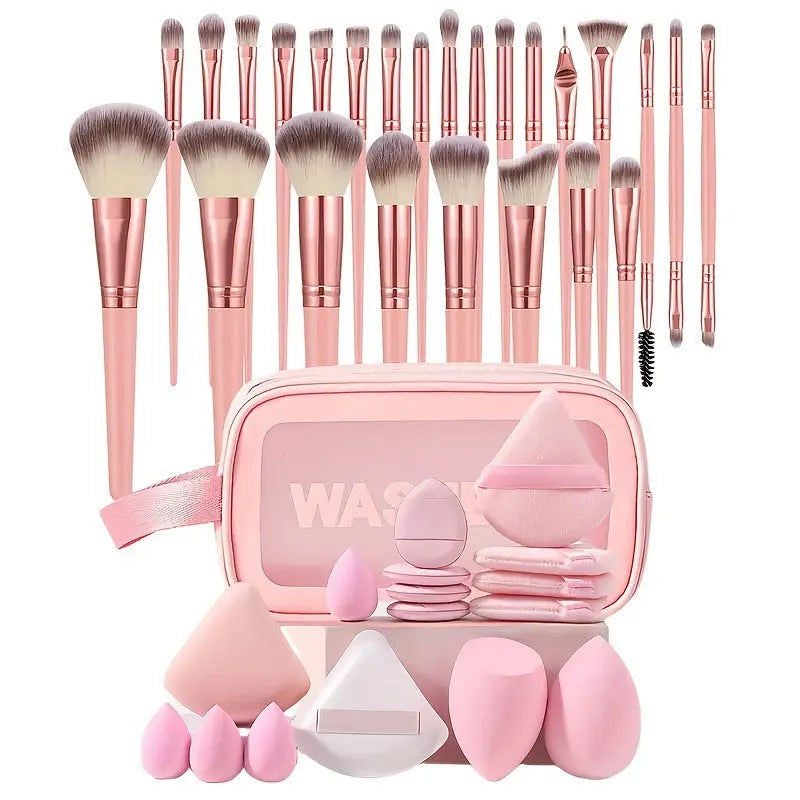 Hydrophilic non-latex beauty brush set with face washing and makeup application tools in brown, pink, or purple colours