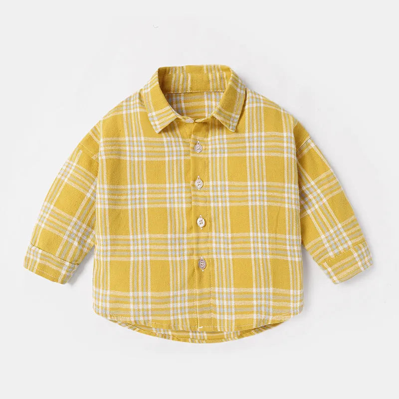 Boys' long sleeve cotton shirt with lattice pattern in khaki, light blue, pink or yellow colours