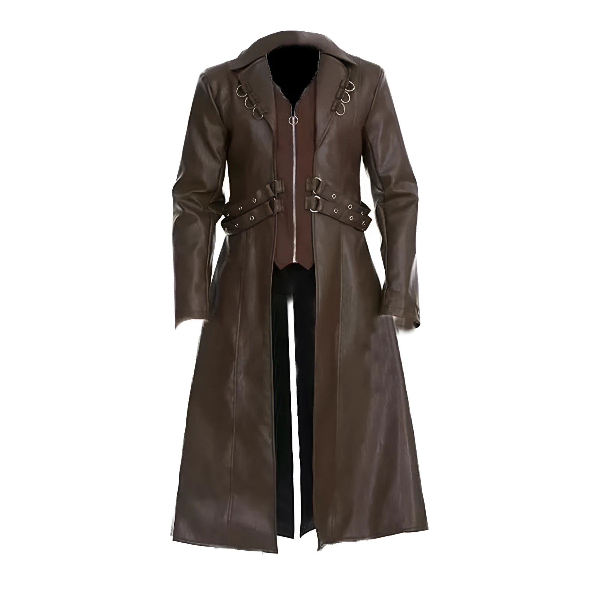 Mid-length PU leather trench coat in Black, retro design, full front view