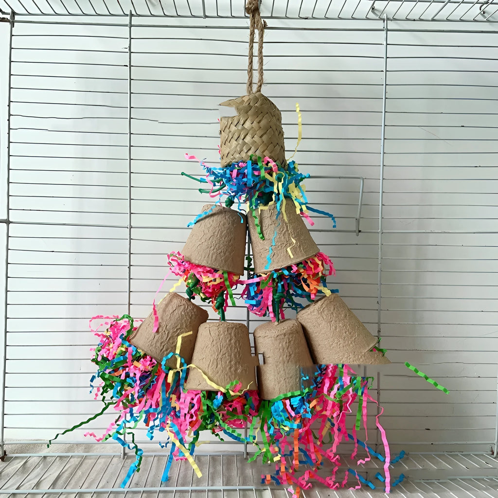 Natural wood-coloured parrot chewing toy with palm leaf and rattan weaving construction, 38cm hanging length
