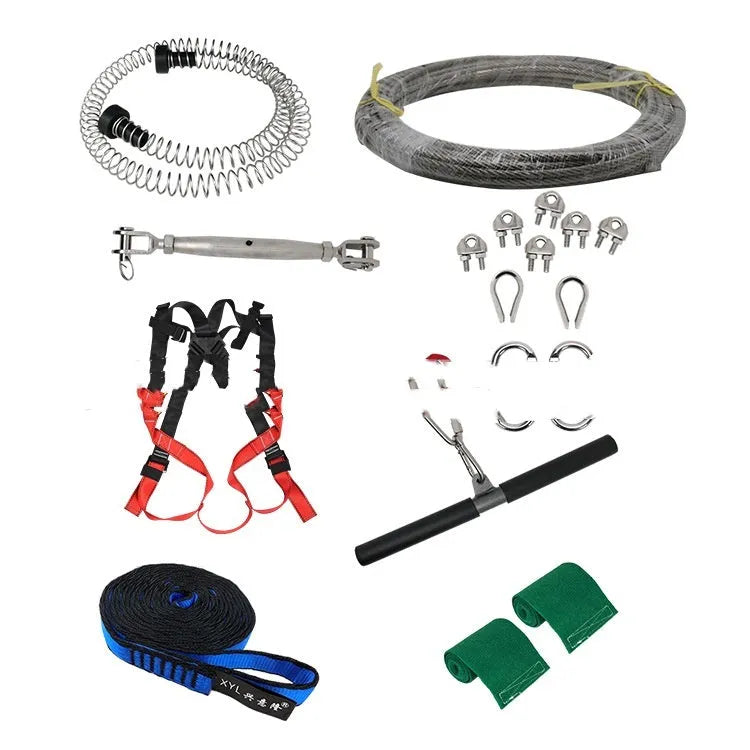 Child safety pulley slide rope set with 10m steel cable, harness, carabiners, and tree protectors