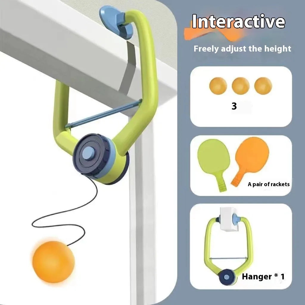 Children's table tennis ball trainer with door frame clip and three balls on elastic cords for indoor practice