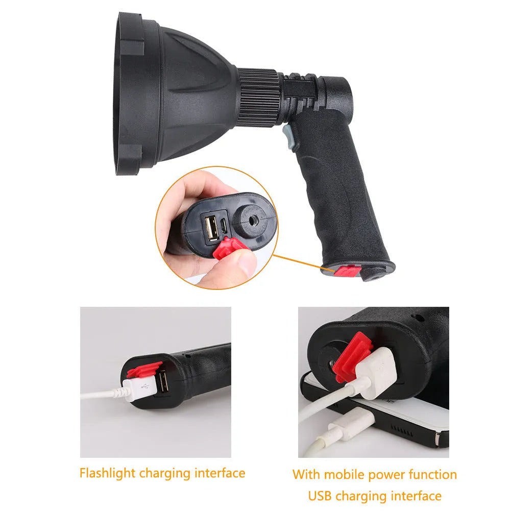 L2 strong light long-range bracket type flashlight with tripod, black PVC body, USB charging port, 4000 mAh battery