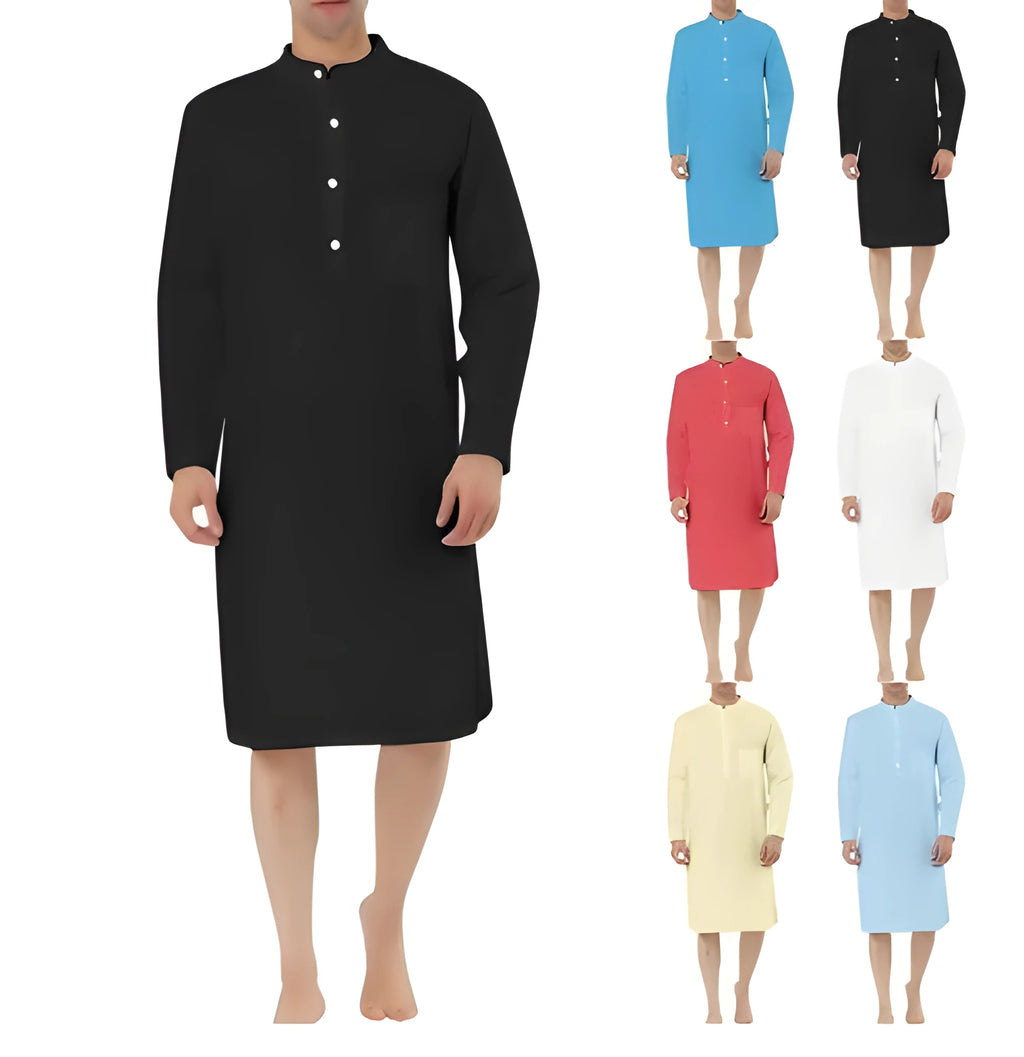 Men's button-front cotton robe in light blue with large patch pockets, shown in size medium.
