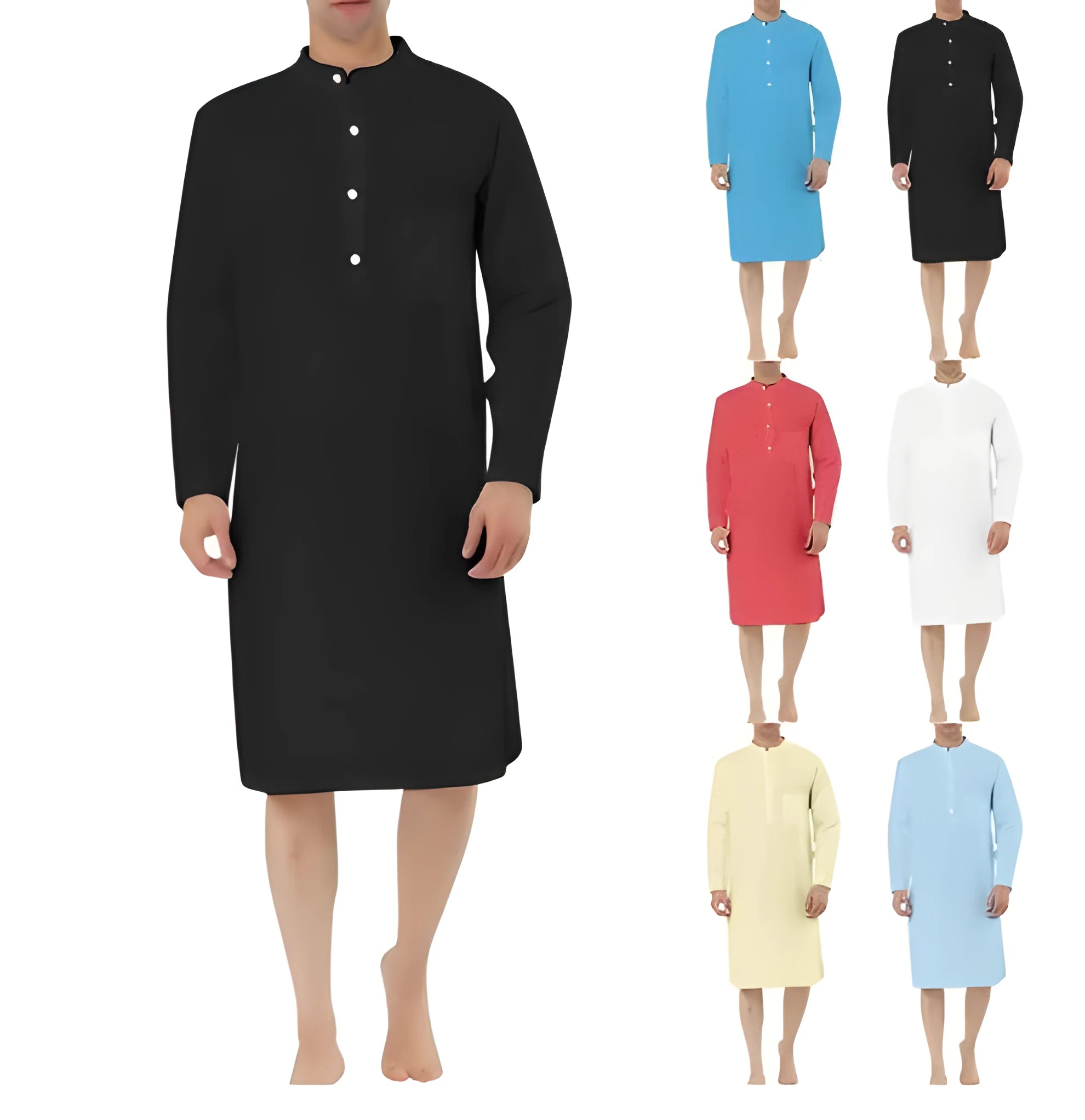 Men's button-front cotton robe in light blue with large patch pockets, shown in size medium.