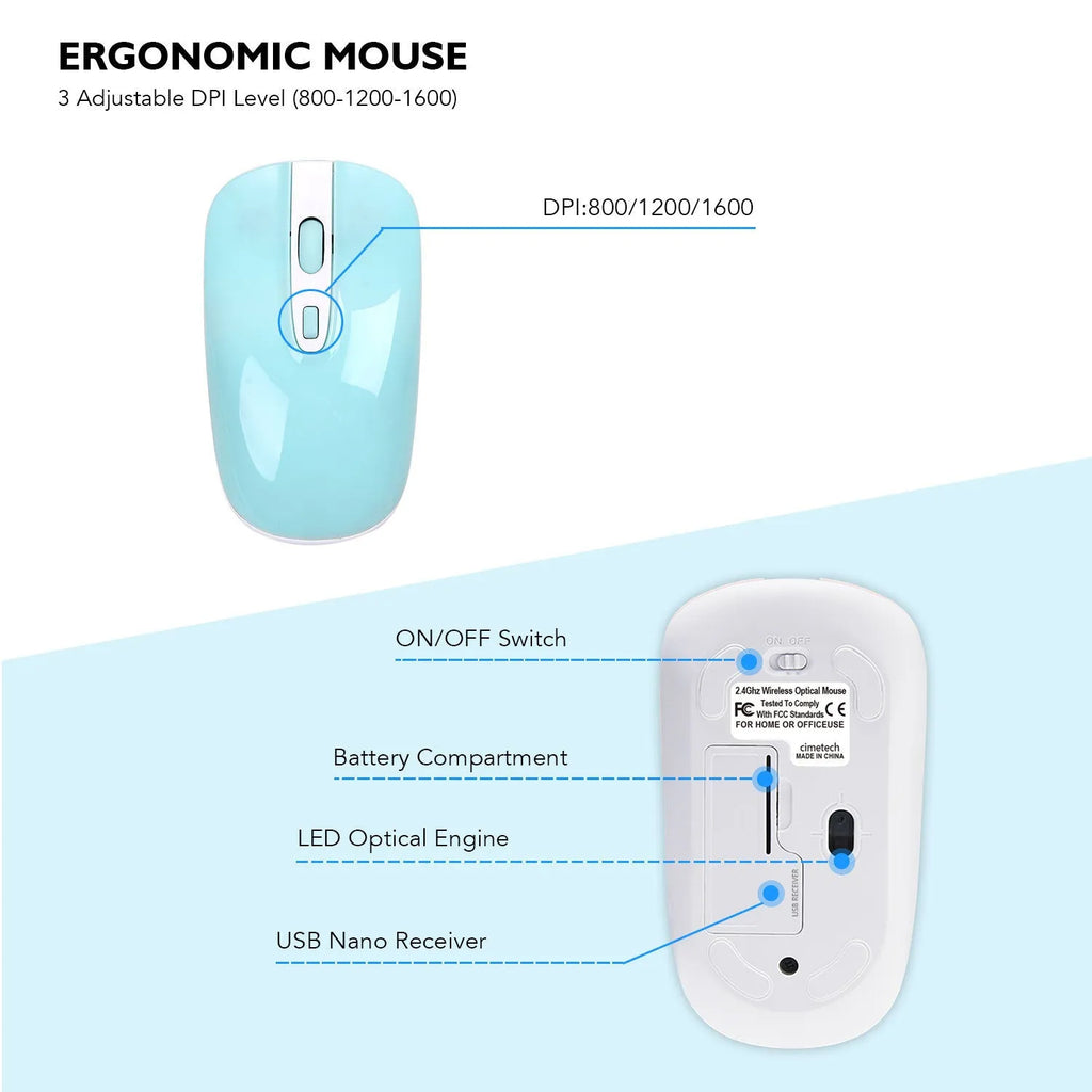Full-size 2.4G wireless keyboard and mouse set in blue with numeric keypad and silent mouse on a desk