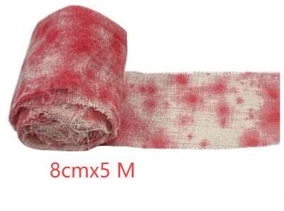Roll of polyester Halloween horror bandage in bloody cloth red colour, 8cm wide