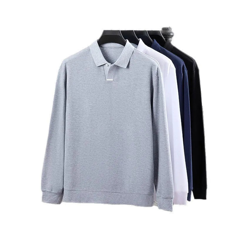 Men's loose fit cotton polo shirt with lapels and long sleeves in multiple colour options