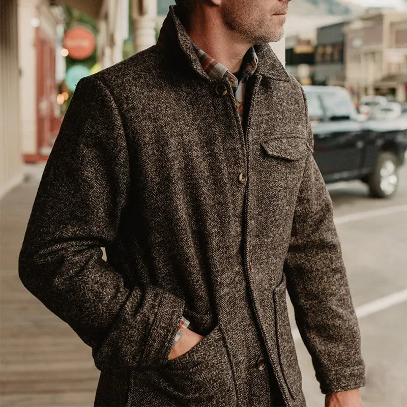 Brown casual fashion polo collar woolen jacket for men long sleeve polyester fibre