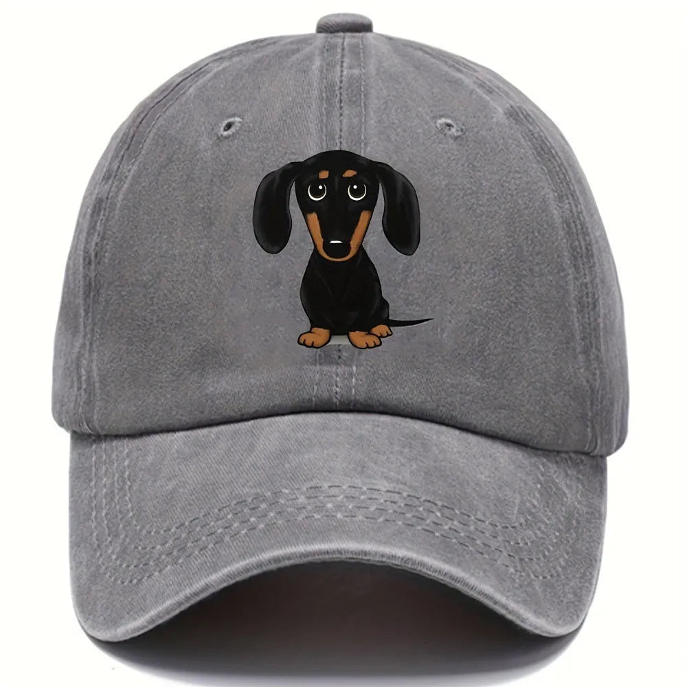Retro washed baseball cap with embroidered Dachshund design and digital print in cotton fabric