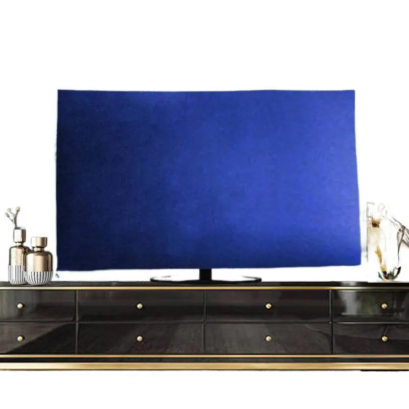 Velvet fabric TV cover with national style pattern, shown in light blue colour for a flat-screen television.