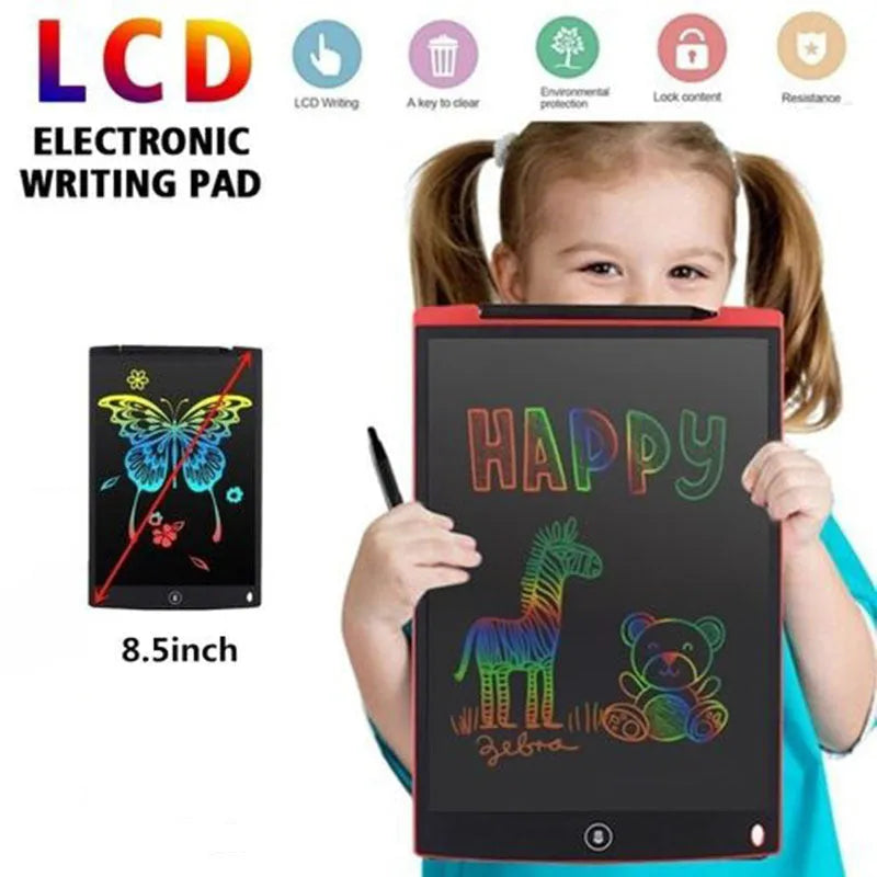 Electronic drawing board with 8.5-inch LCD screen in black, showing a drawn flower with a yellow stylus beside it
