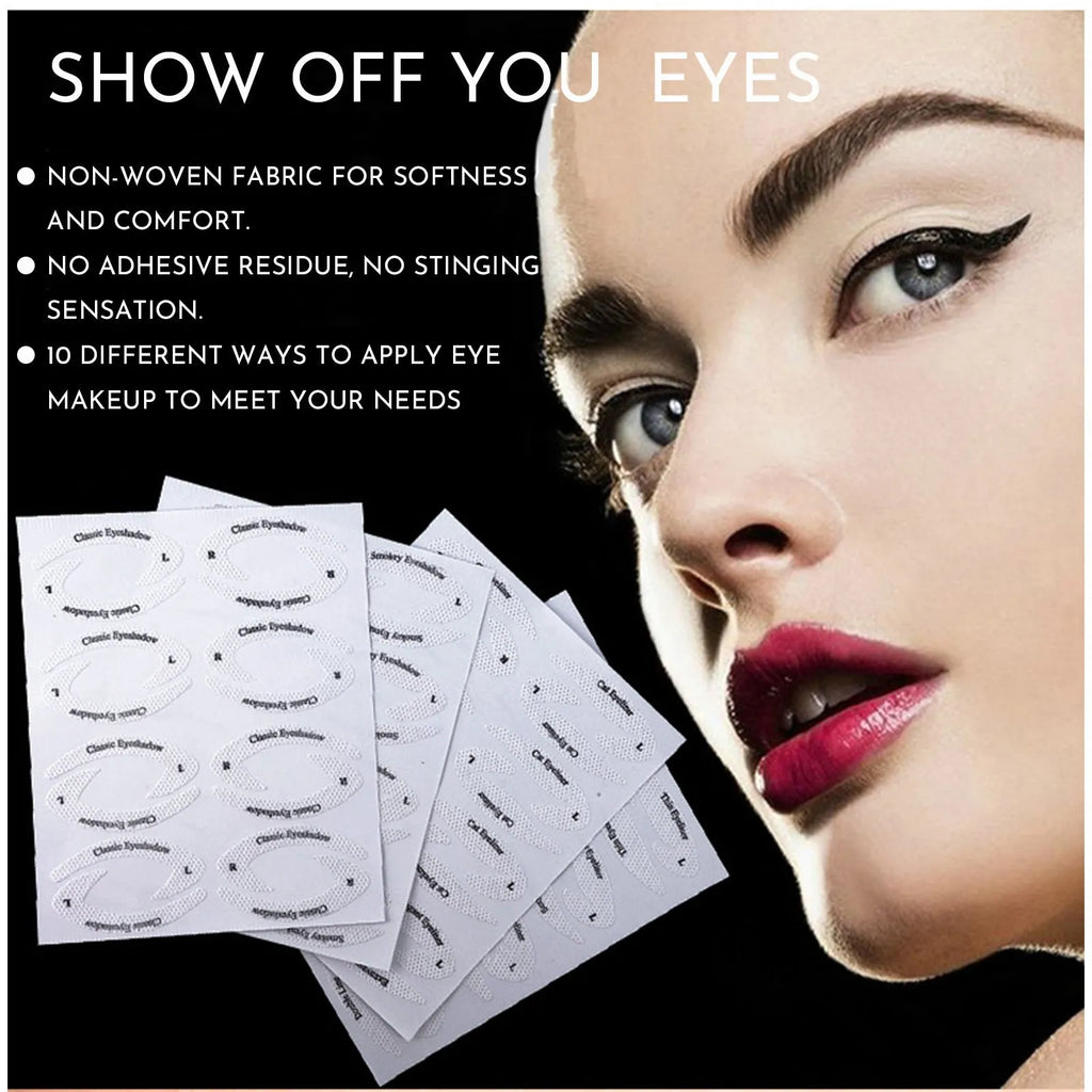Set of 4 reusable eyeliner makeup sticker templates showing winged liner and cat-eye designs