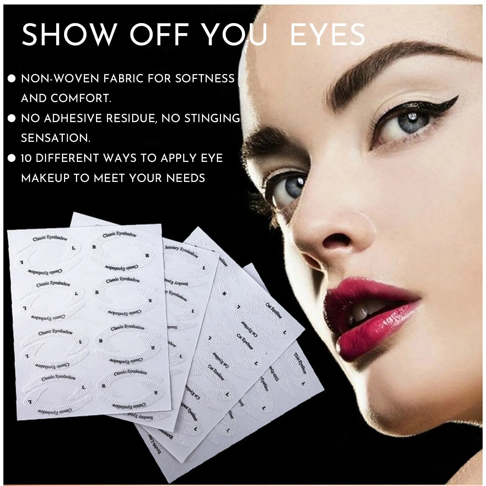 Set of 4 reusable eyeliner makeup sticker templates showing winged liner and cat-eye designs