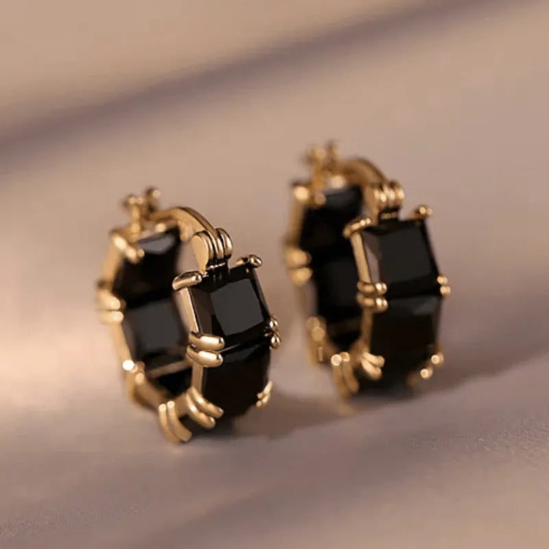 Gold-plated geometric U-shaped earrings with round black zircon crystal stones