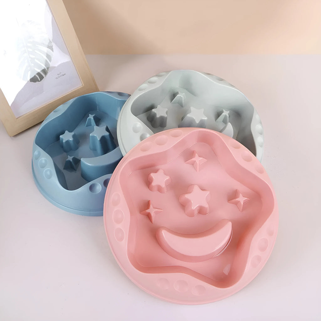 Moon star wings design slow feed dog bowl with interior ridges, non-slip base, in blue colour