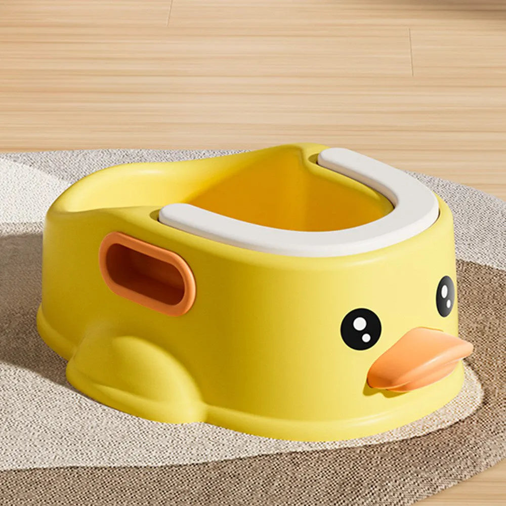 Blue PVC duck-shaped pet bath tub for washing dogs and cats on a bathroom floor.