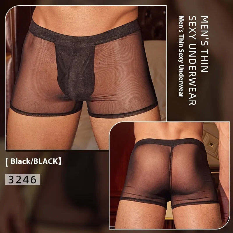 Men's black and white ultra-thin nylon boxer briefs on plain background