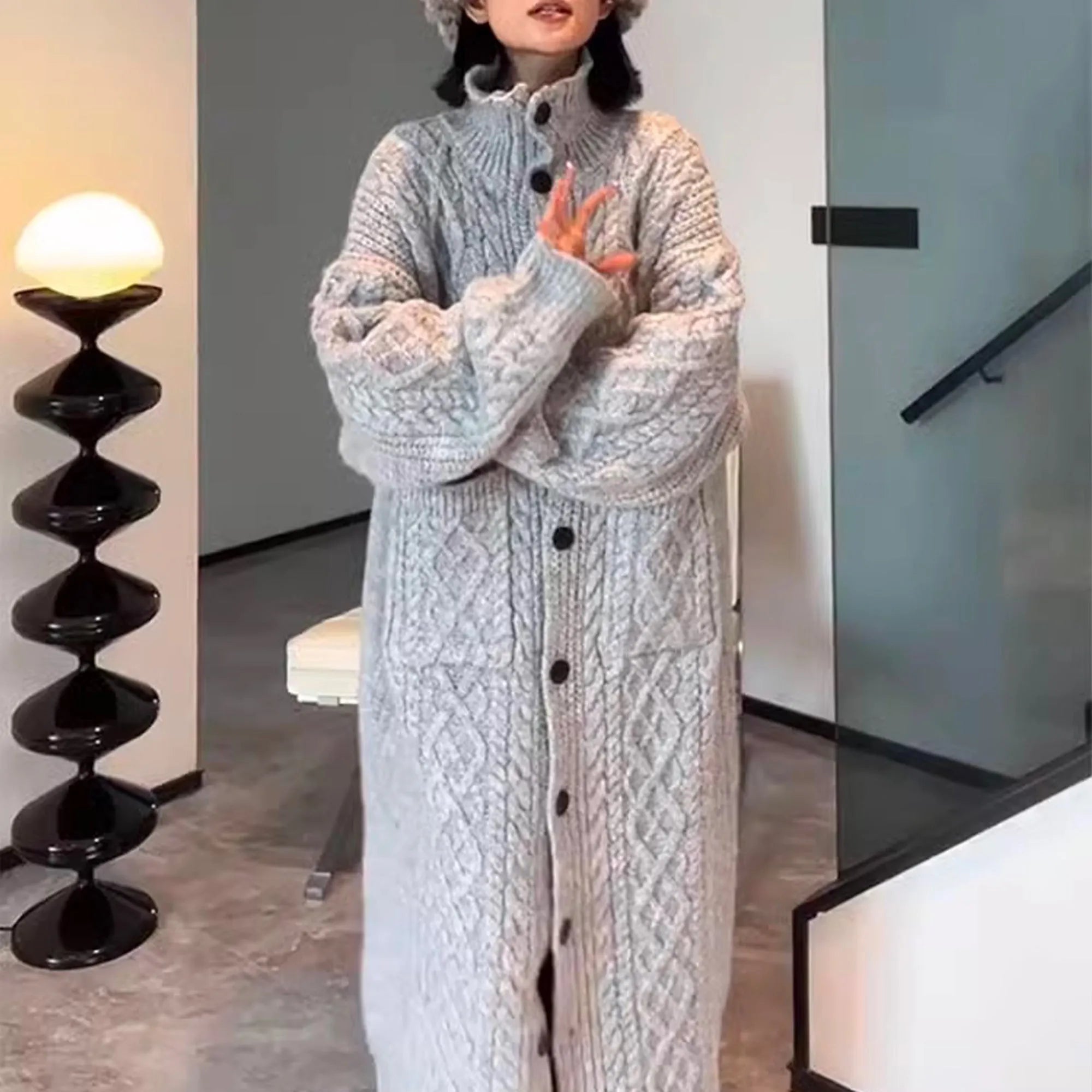 Gray alpaca blend high collar thickened twist knitted cardigan coat over-knee length, front view