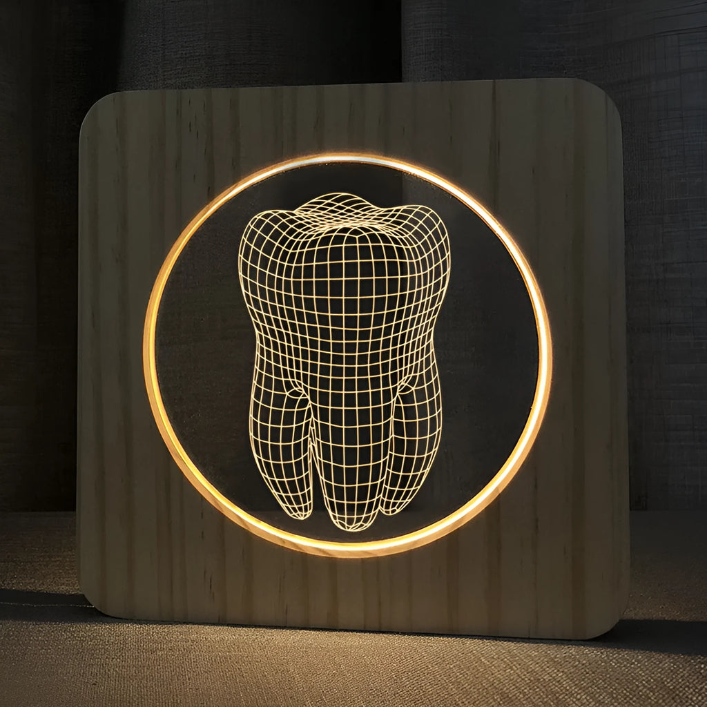 Tooth shaped wood coloured plastic USB night lamp on a surface