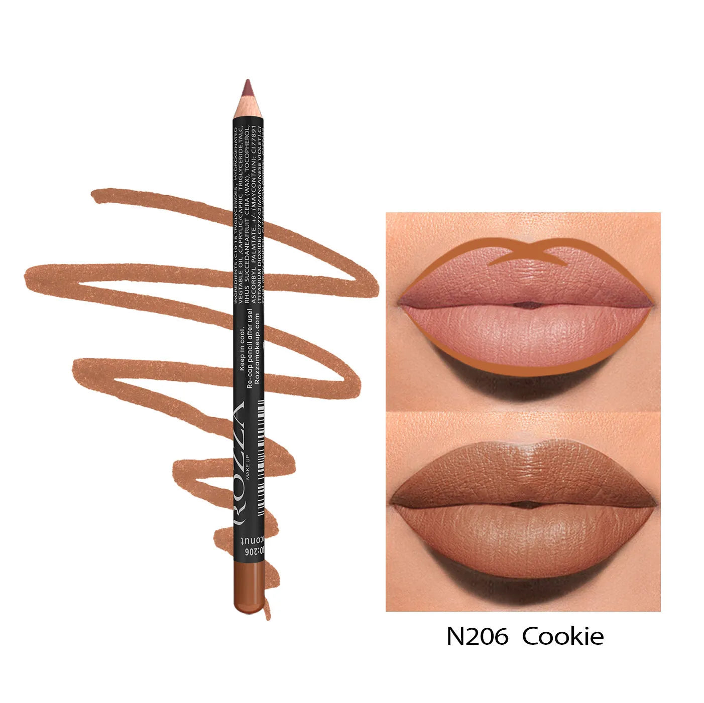Matte finish lip liner pencil in wood casing with colour options 201 to 214 for 24-hour wear